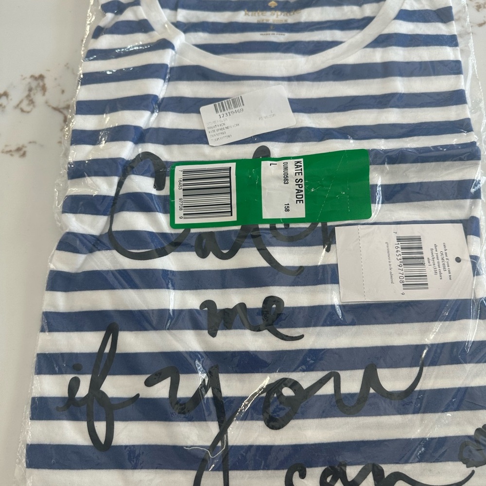Kate Spade Catch Me If You Can T-Shirt- Blue and White Striped NWT